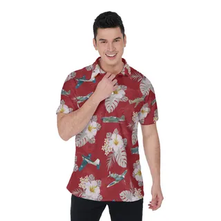 Cool Air Plane Floral Red Hawaiian Polo Shirt For Men