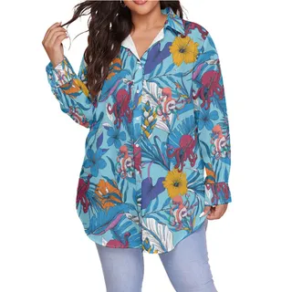Funny Octopus Guitar Floral Blue Hawaiian Plus Size Shirt For Women