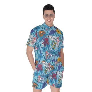 Funny Octopus Guitar Floral Blue Hawaiian Romper For Men