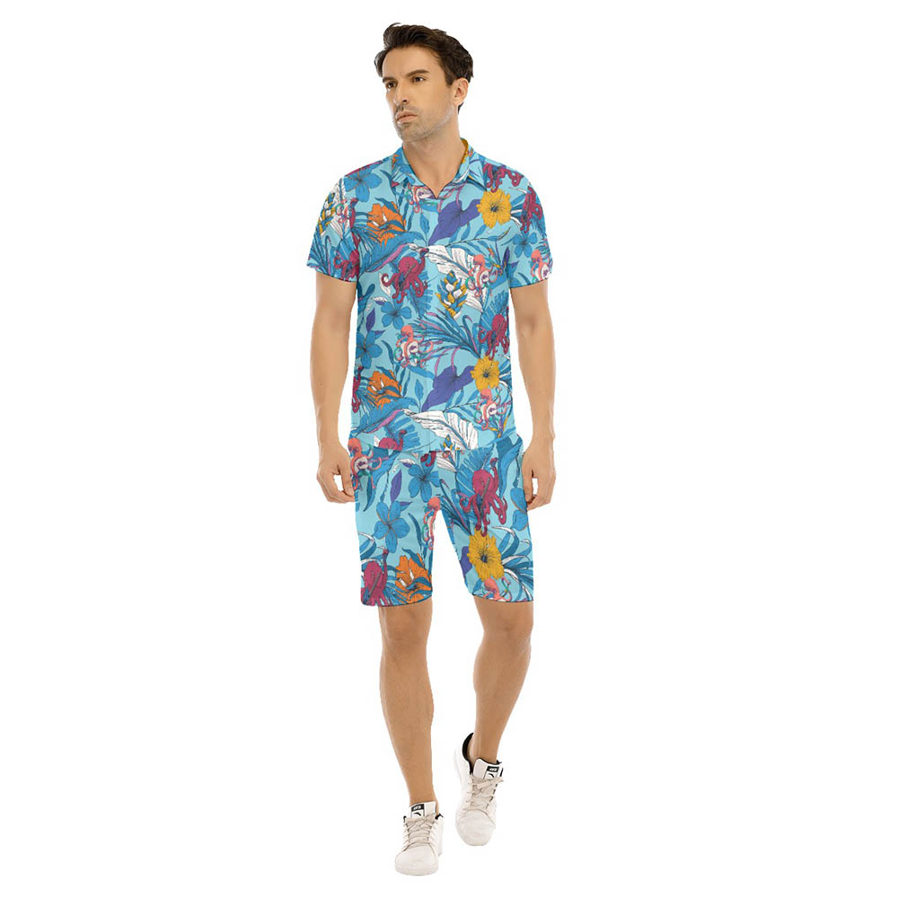 Set Floral Octopus Guitar Blue Hawaiian Shirt And Shorts For Men - variant image 1