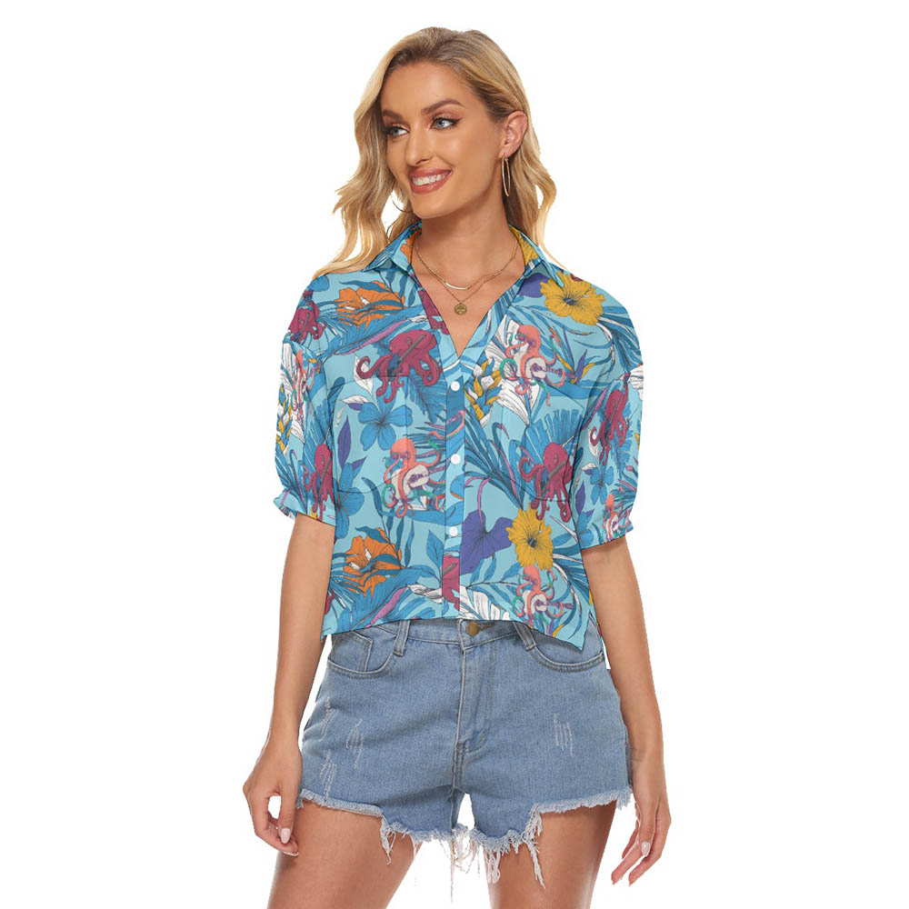 Tropical Octopus Guitar Blue Hawaiian Crop Top Shirt For Women - variant image 1