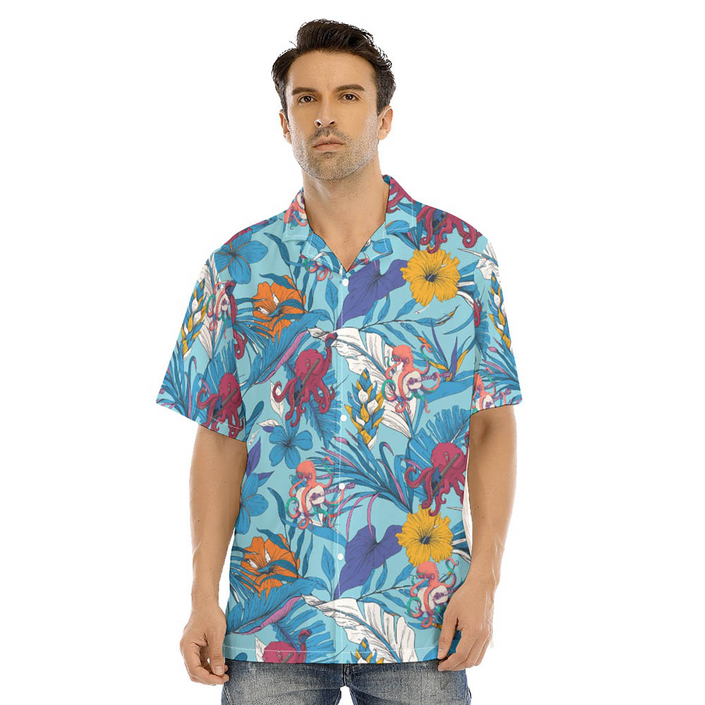 Octopus Guitar Floral Blue Hawaiian Shirt - variant image 1