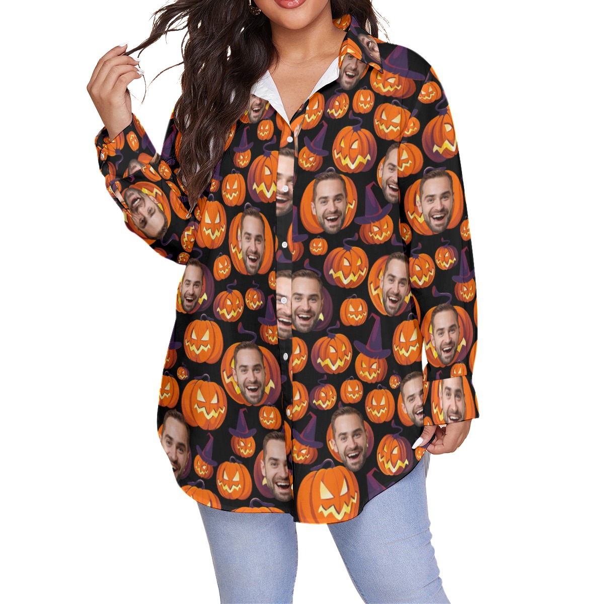 Halloween Scary Pumpkin Custom Face Hawaiian Plus Size Shirt For Women - variant image 1