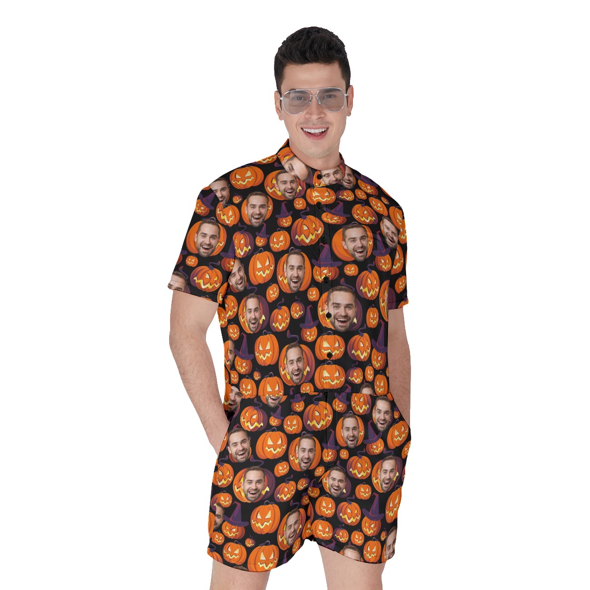 Halloween Pumpkin Custom Face Hawaiian Romper For Men - variant image 1