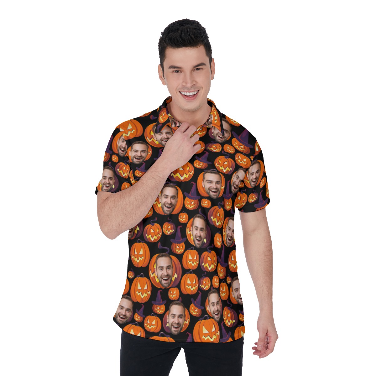 Custom Face Scary Halloween Pumpkin Hawaiian Polo Shirt For Men - variant image 1