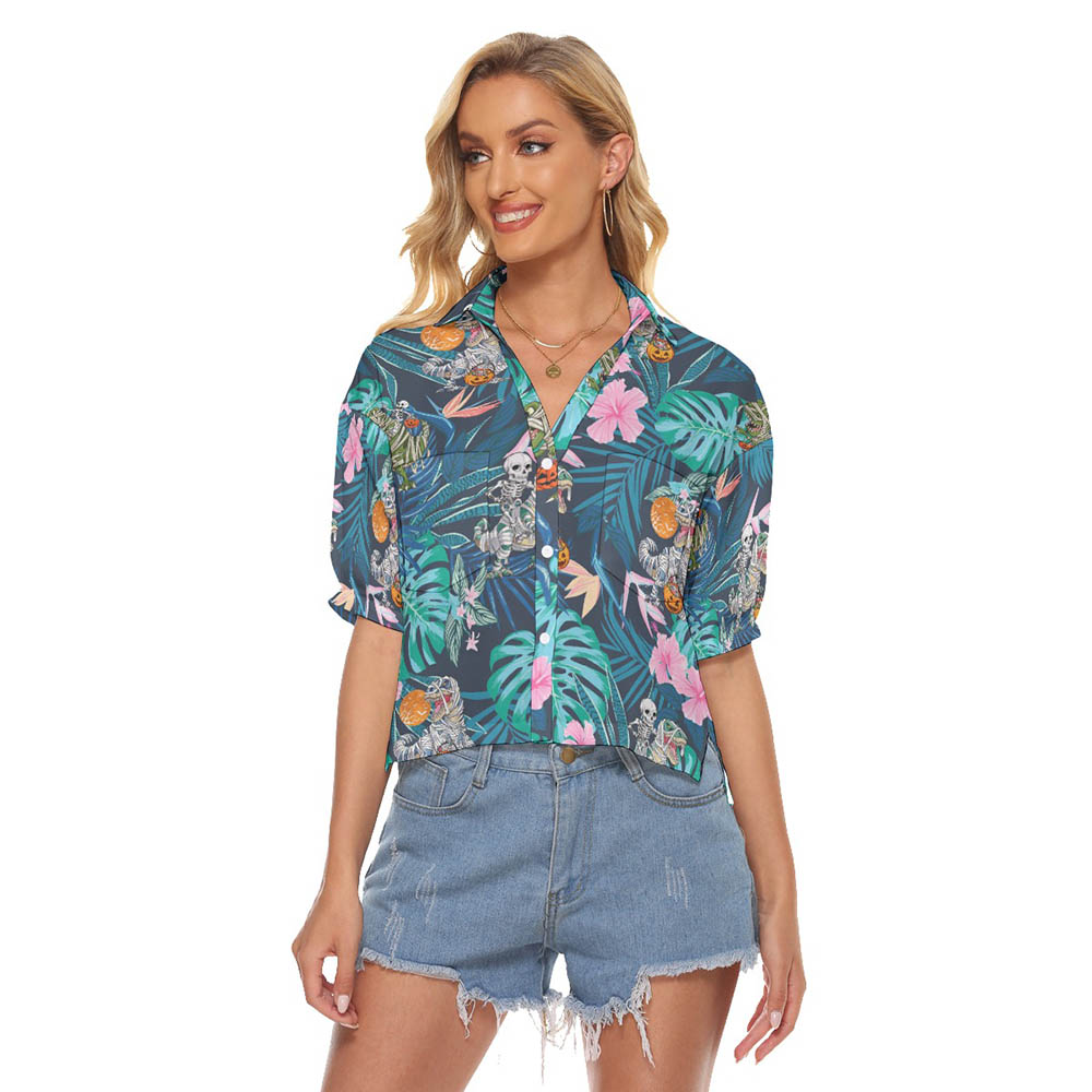 Halloween Dinosaur Mummy Tropical Hawaiian Cropped Shirt For Women - variant image 1