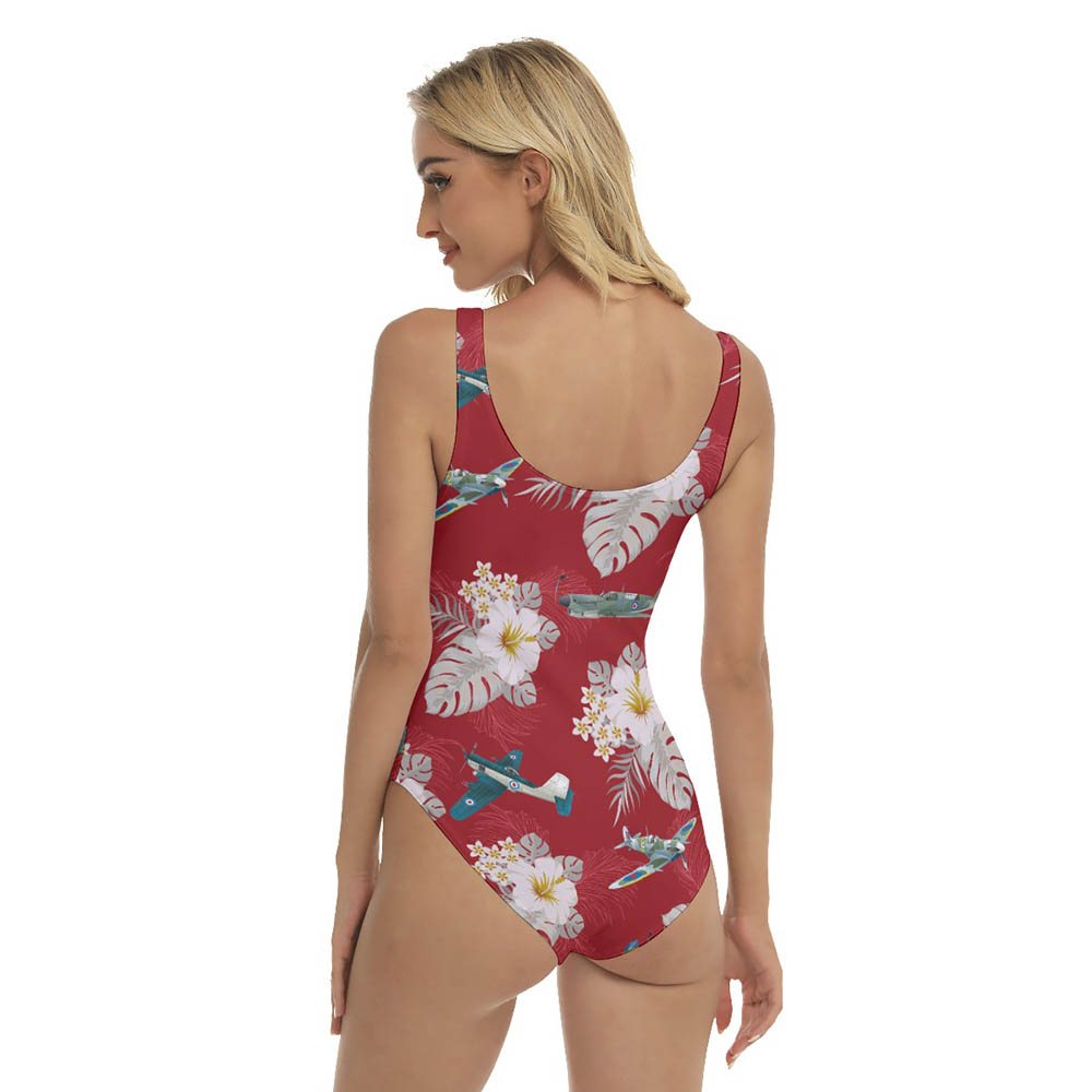 Floral Aircraft Red Hawaiian Swimsuit For Women