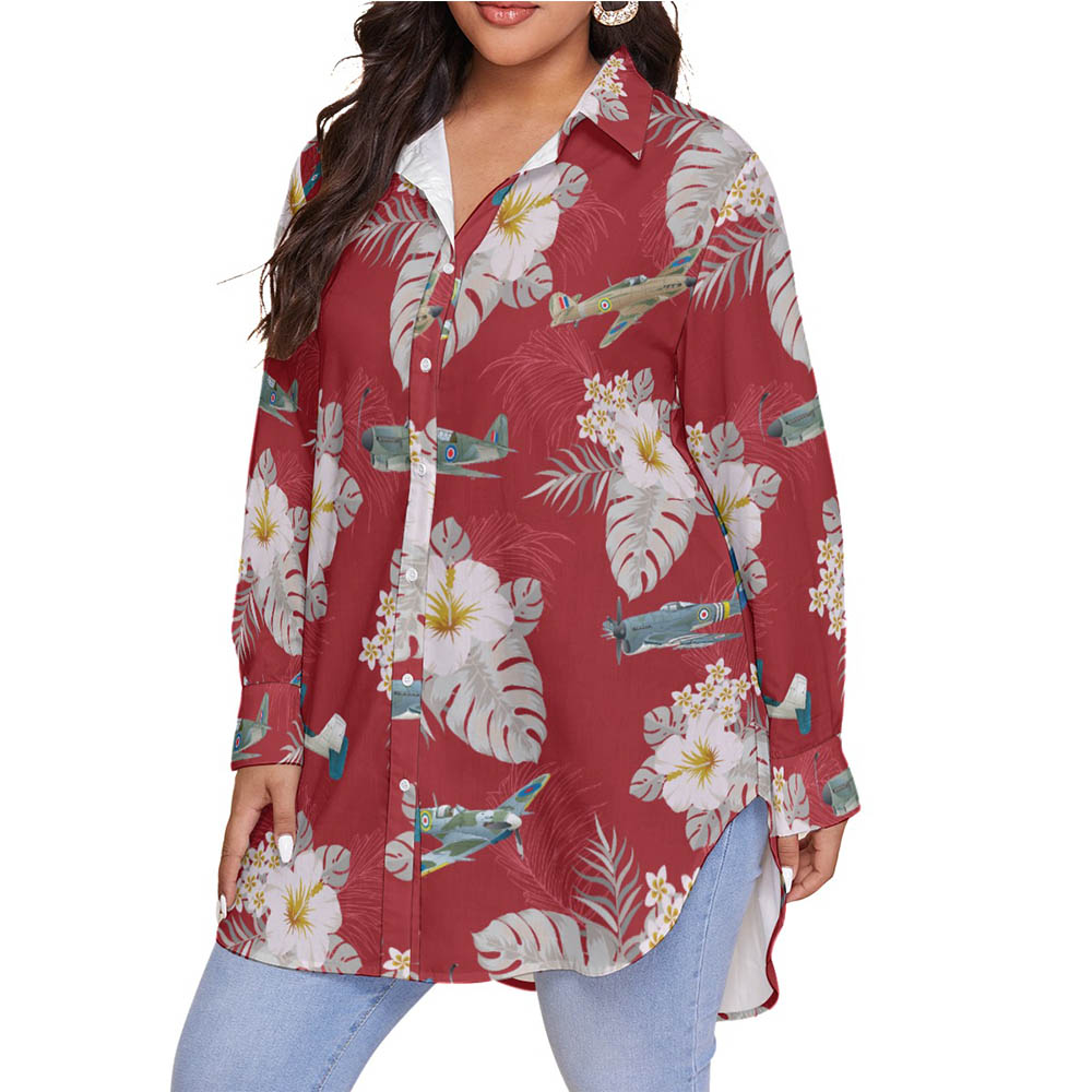 Floral Aircraft Red Hawaiian Plus Size Shirt For Women
