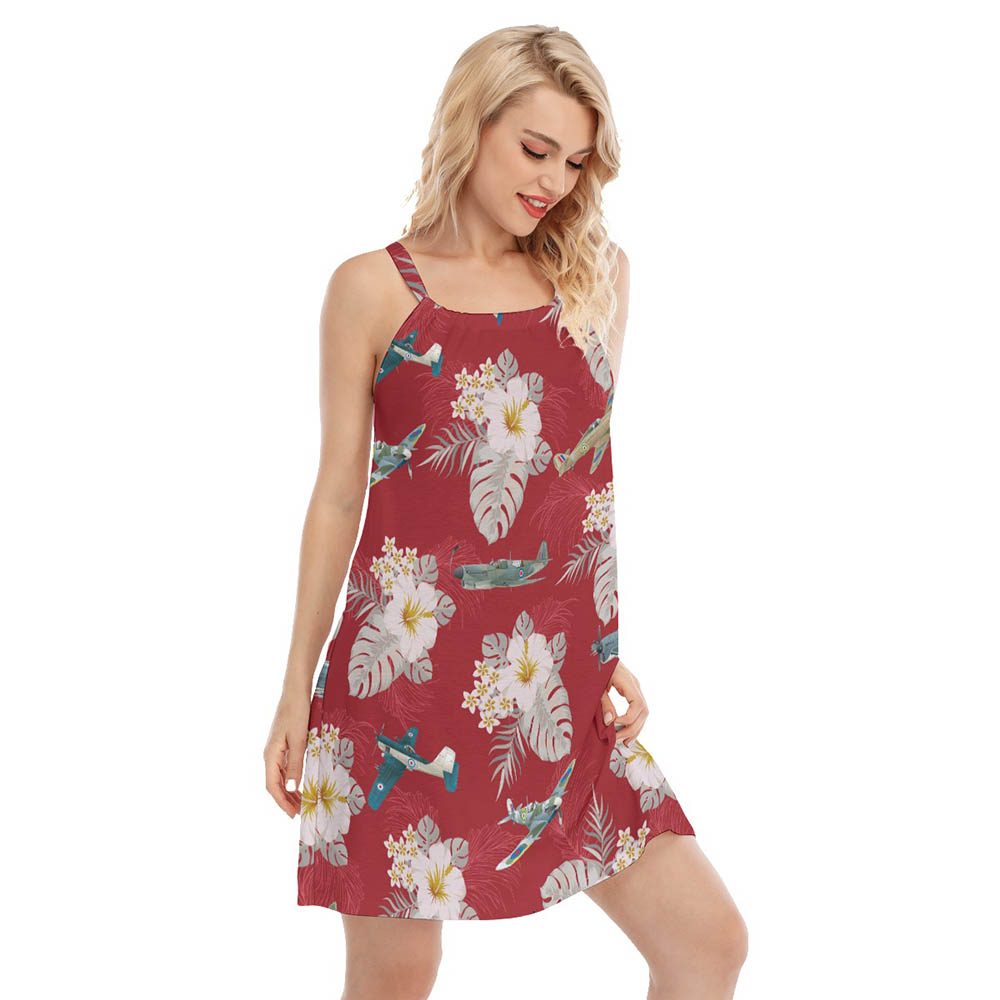 Floral Aircraft Red Hawaiian Cami Dress For Women