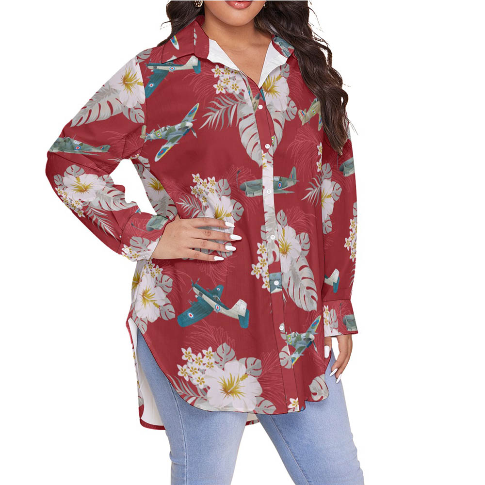 Floral Aircraft Red Hawaiian Plus Size Shirt For Women