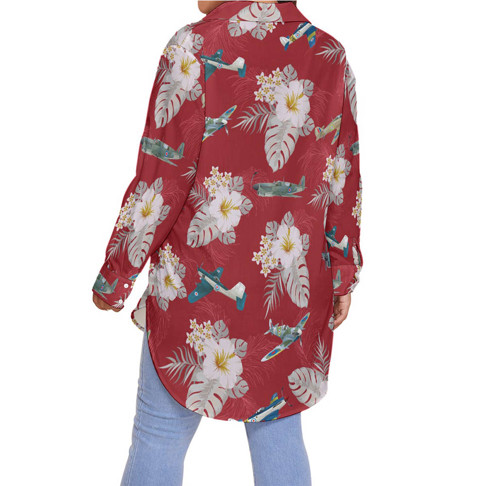 Floral Aircraft Red Hawaiian Plus Size Shirt For Women