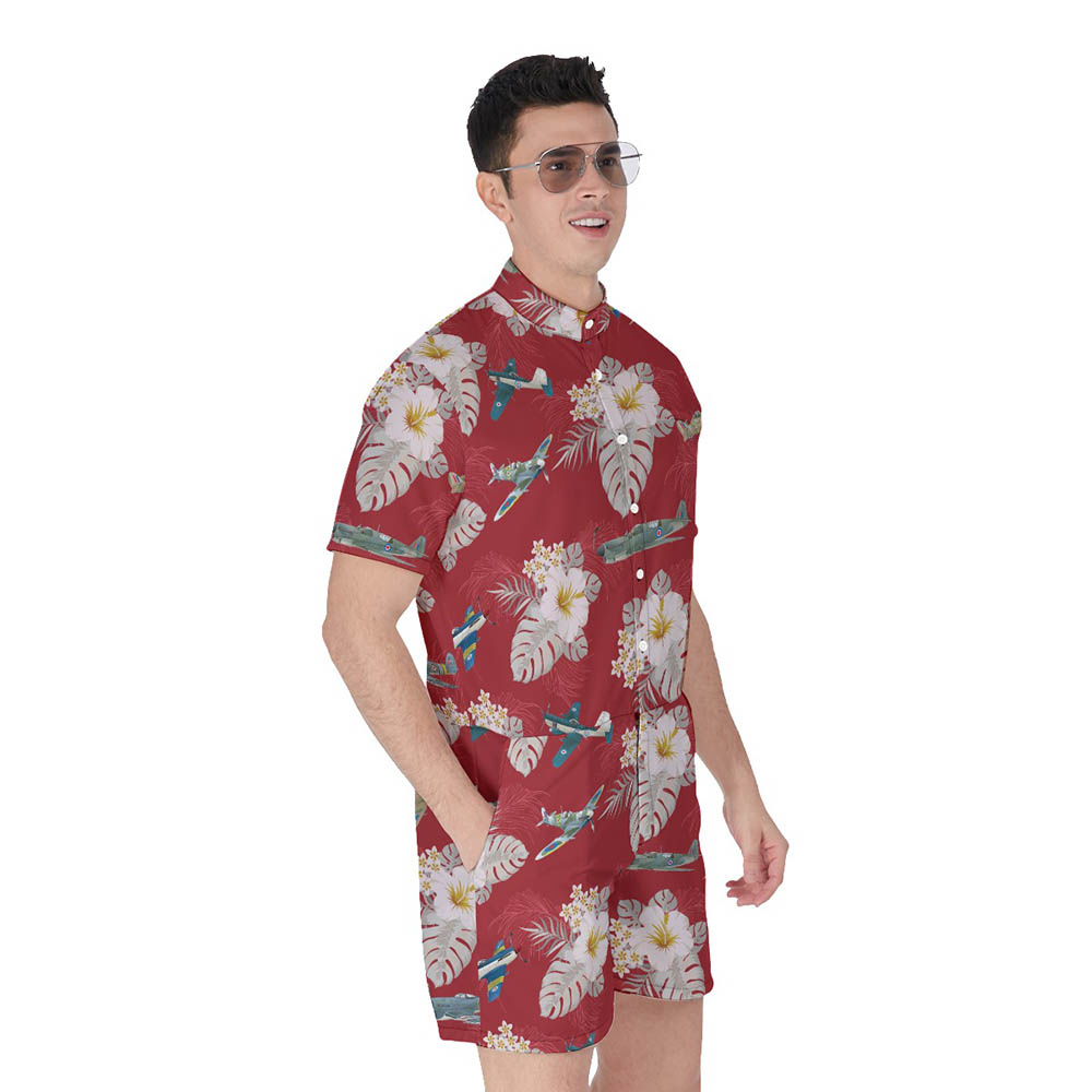 Cool Army Air Plane Floral Men's Red Hawaiian Romper