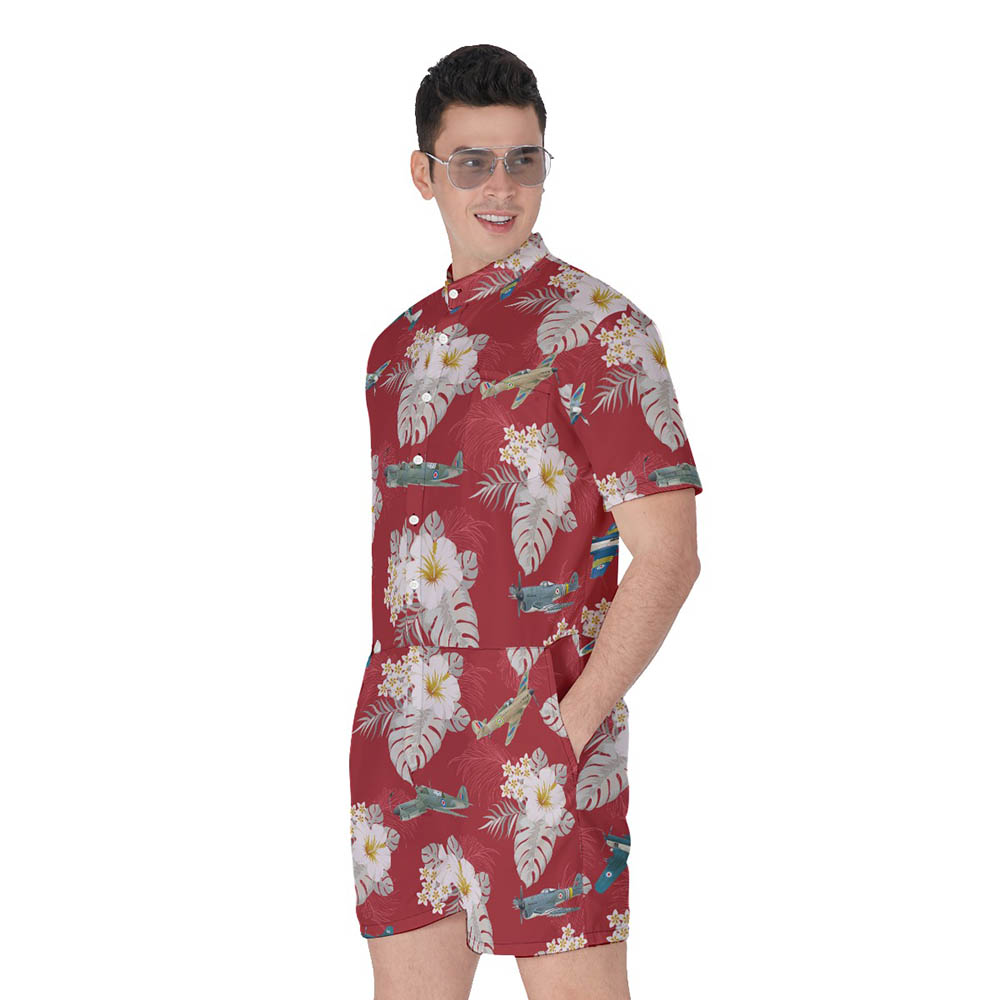 Cool Army Air Plane Floral Men's Red Hawaiian Romper