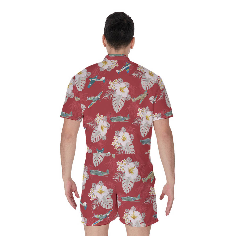Cool Army Air Plane Floral Men's Red Hawaiian Romper