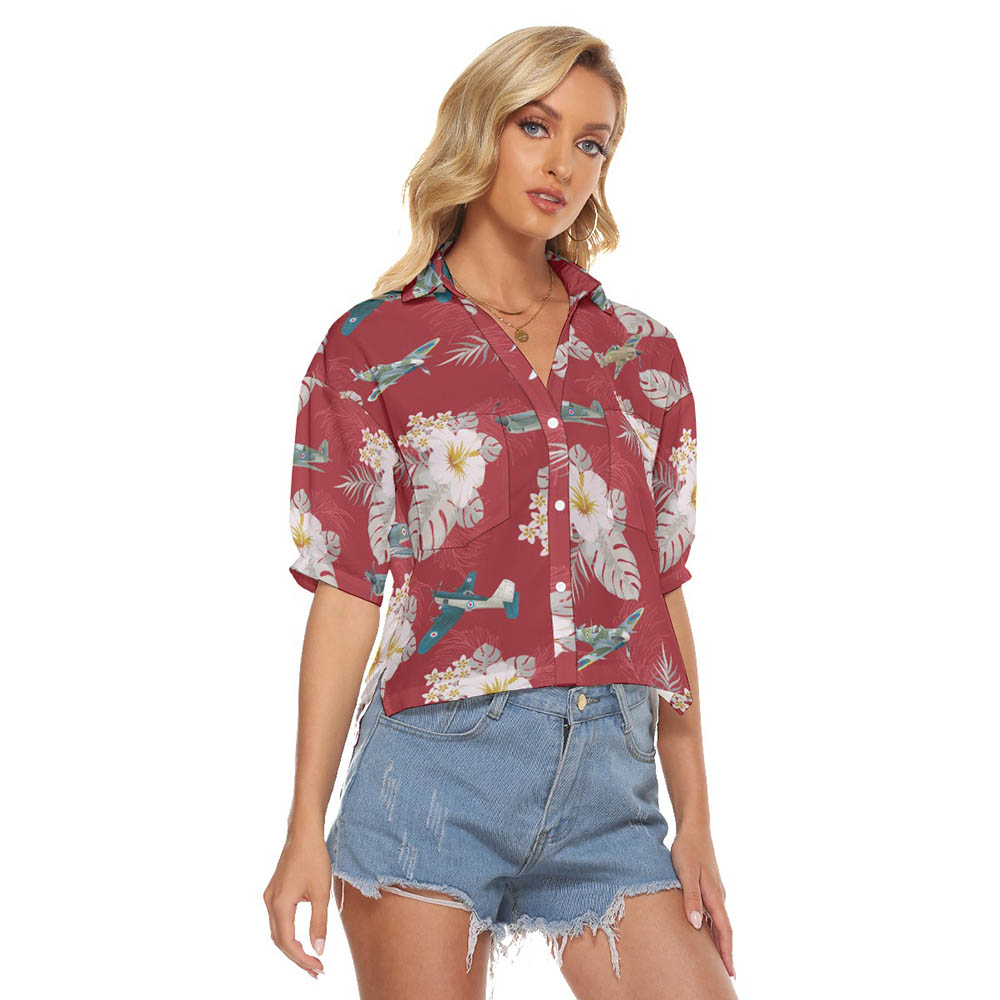 Floral Aircraft Hawaiian Cropped Shirt For Women