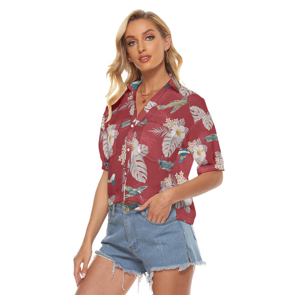 Floral Aircraft Hawaiian Cropped Shirt For Women