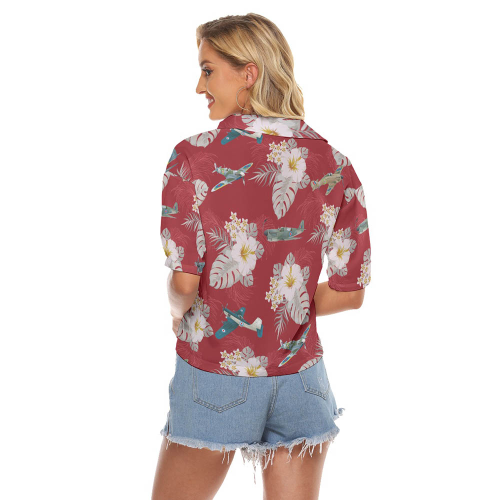 Floral Aircraft Hawaiian Cropped Shirt For Women