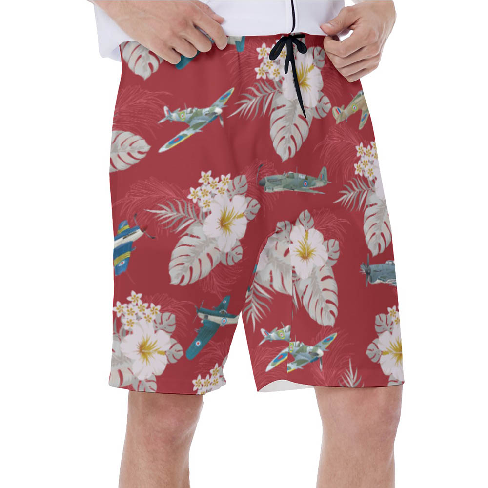 Tropical Aircraft Red Hawaiian Swim Trunks For Men