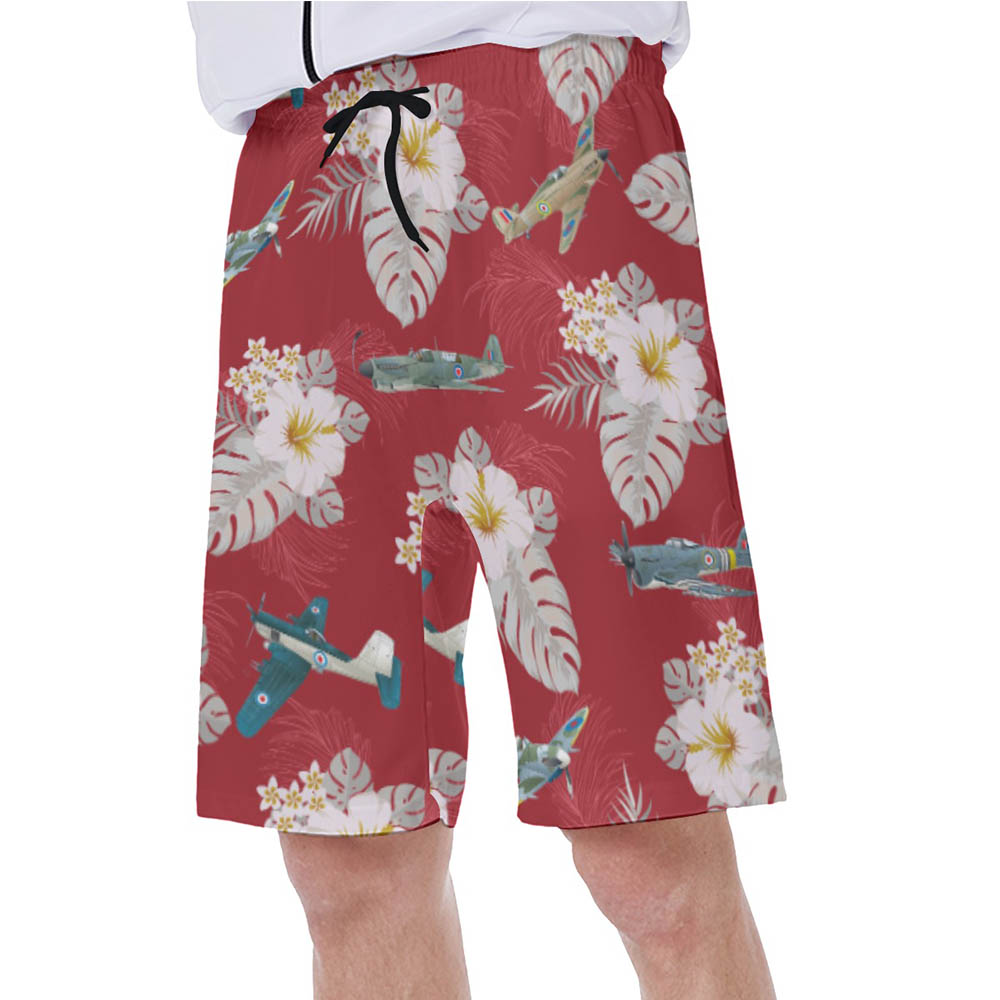Tropical Aircraft Red Hawaiian Swim Trunks For Men