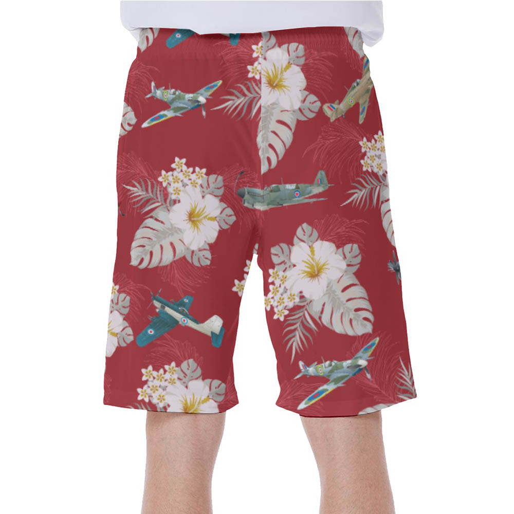 Tropical Aircraft Red Hawaiian Swim Trunks For Men