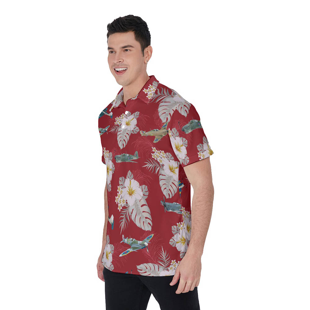 Cool Air Plane Floral Red Hawaiian Polo Shirt For Men