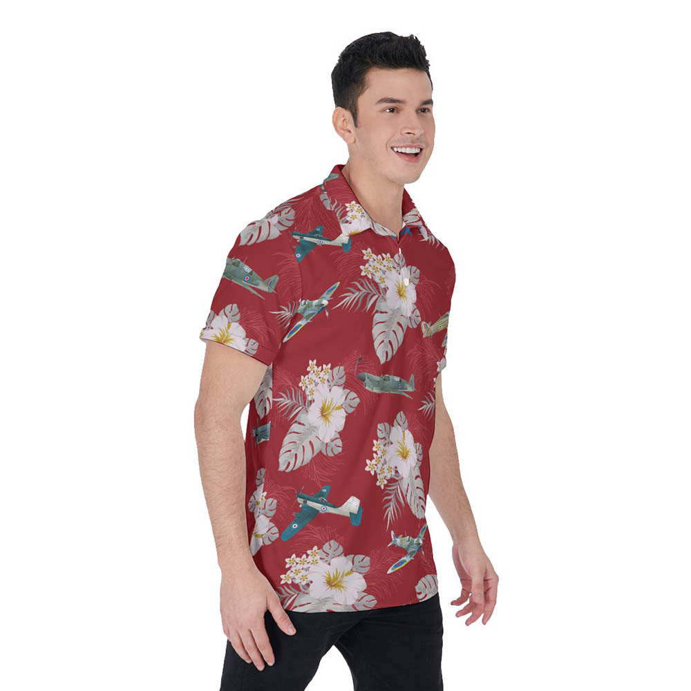 Cool Air Plane Floral Red Hawaiian Polo Shirt For Men