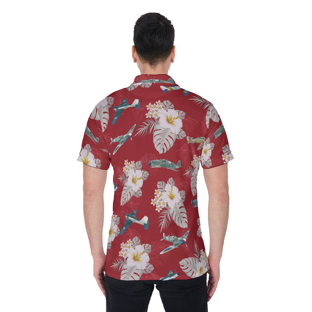 Cool Air Plane Floral Red Hawaiian Polo Shirt For Men