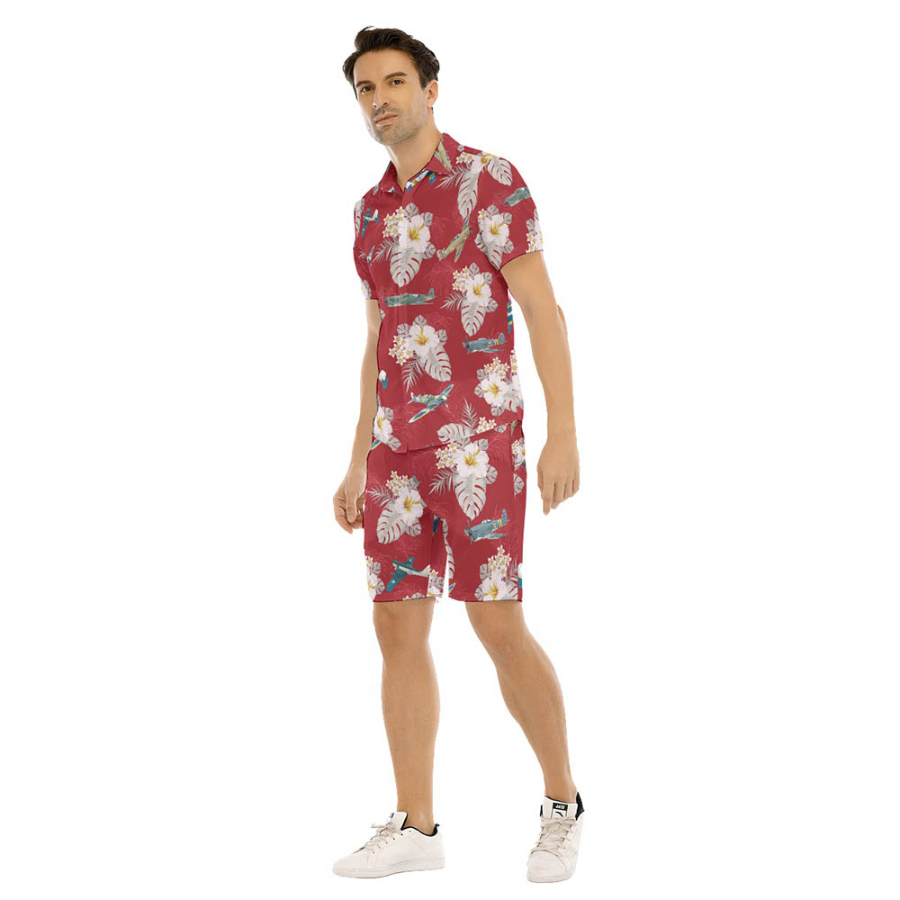 Set Floral Aircraft Hawaiian Shirt And Shorts For Men
