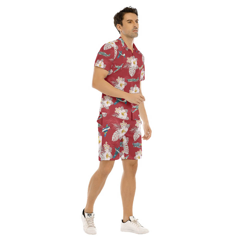 Set Floral Aircraft Hawaiian Shirt And Shorts For Men