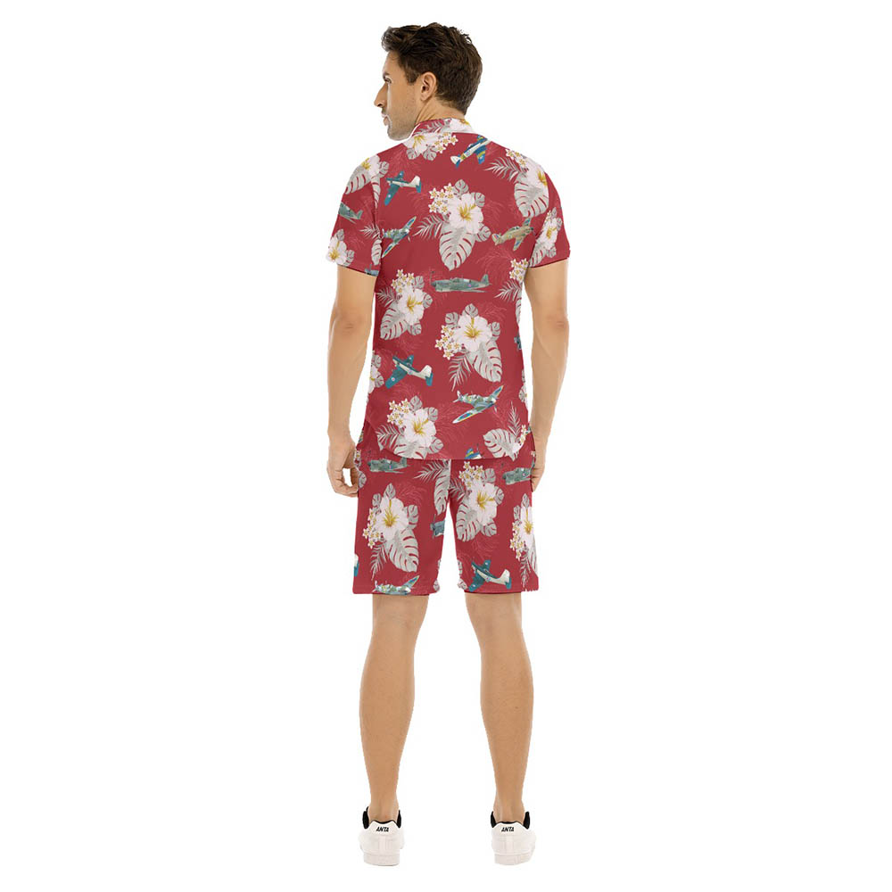 Set Floral Aircraft Hawaiian Shirt And Shorts For Men