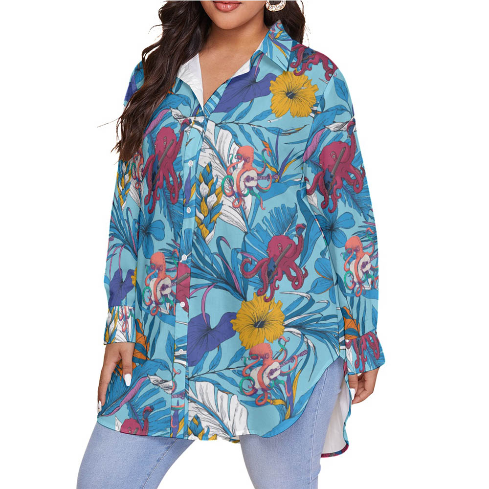Funny Octopus Guitar Floral Blue Hawaiian Plus Size Shirt For Women