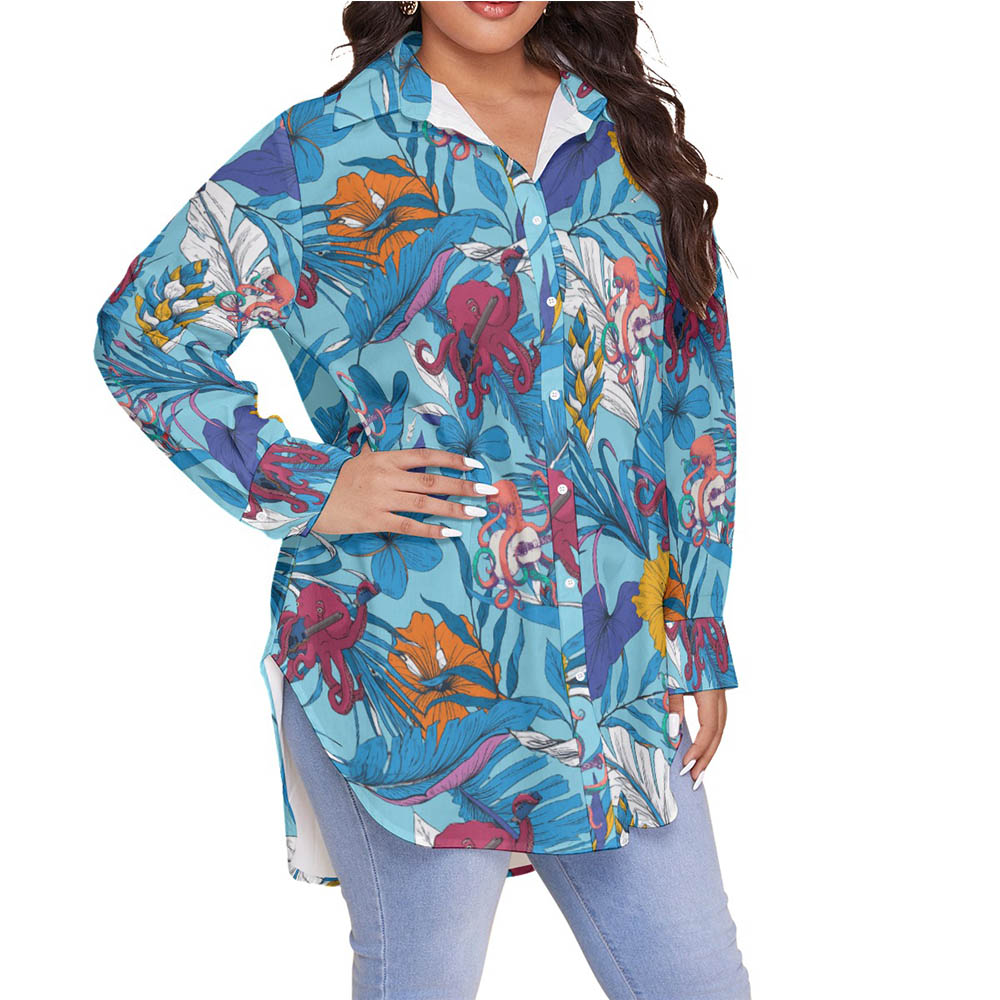 Funny Octopus Guitar Floral Blue Hawaiian Plus Size Shirt For Women