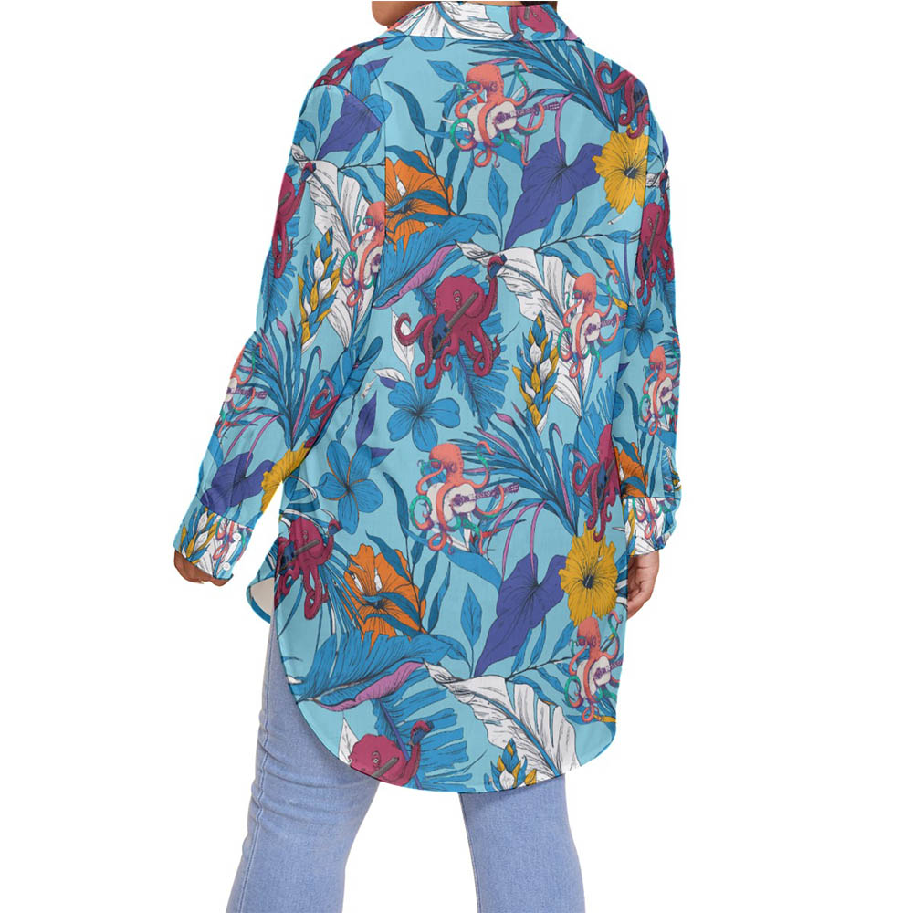 Funny Octopus Guitar Floral Blue Hawaiian Plus Size Shirt For Women