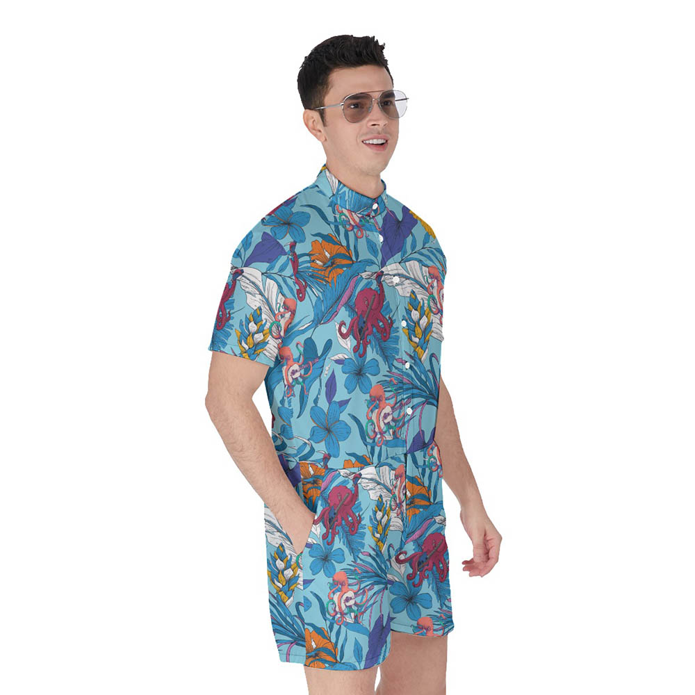 Funny Octopus Guitar Floral Blue Hawaiian Romper For Men