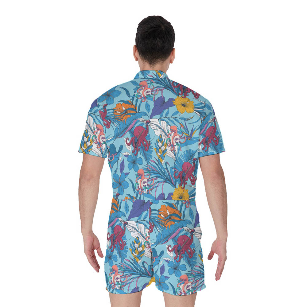 Funny Octopus Guitar Floral Blue Hawaiian Romper For Men