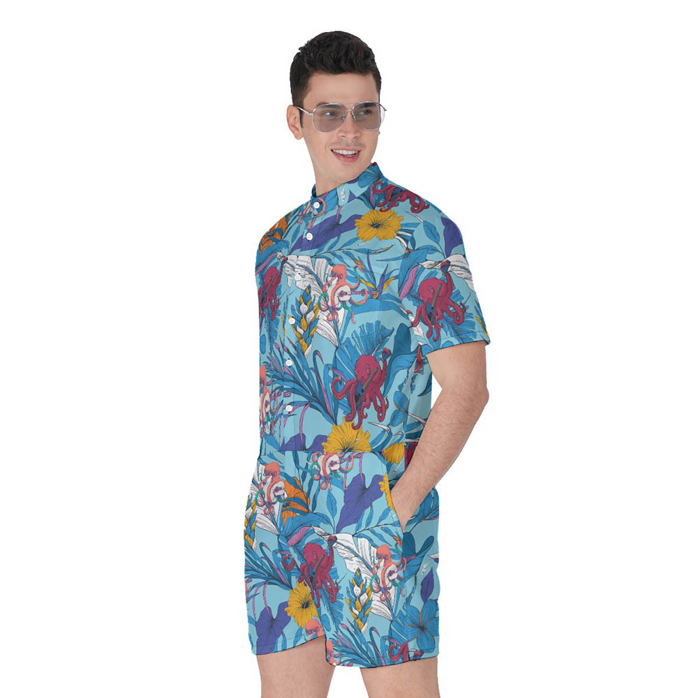 Funny Octopus Guitar Floral Blue Hawaiian Romper For Men