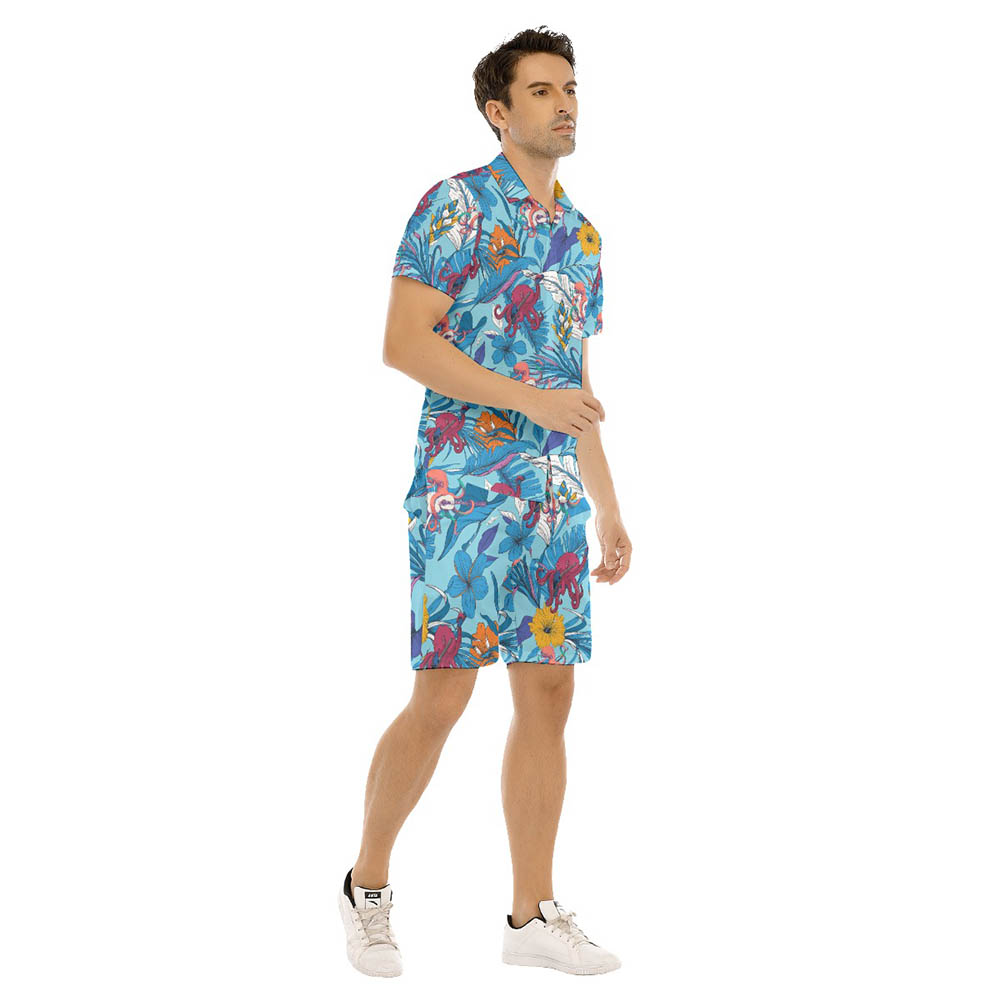 Set Floral Octopus Guitar Blue Hawaiian Shirt And Shorts For Men