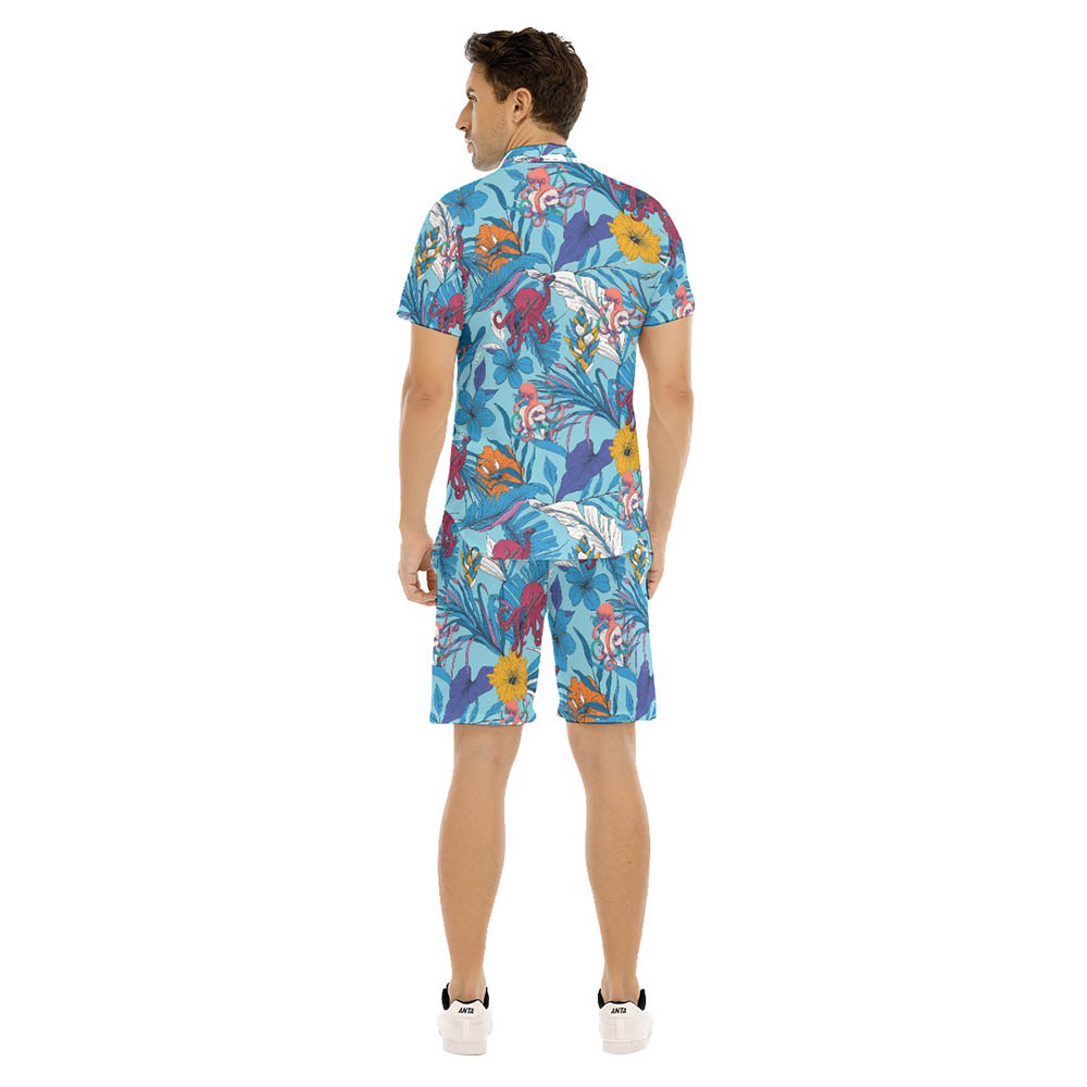 Set Floral Octopus Guitar Blue Hawaiian Shirt And Shorts For Men