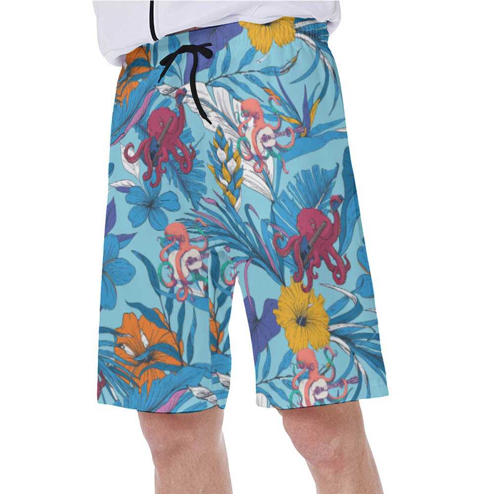 Funny Octopus Guitar Floral Blue Hawaiian Swim Trunks For Men
