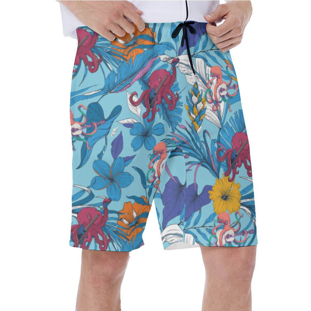 Funny Octopus Guitar Floral Blue Hawaiian Swim Trunks For Men
