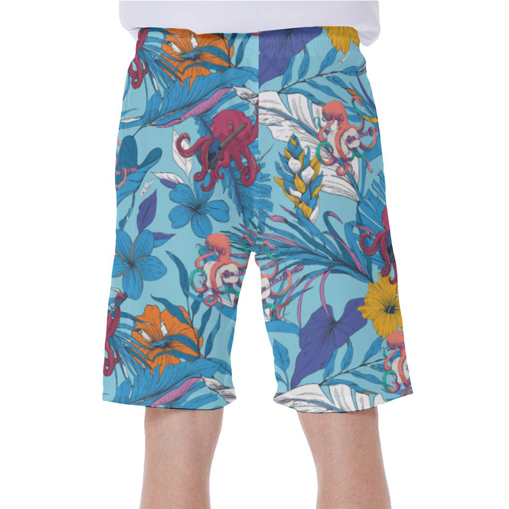 Funny Octopus Guitar Floral Blue Hawaiian Swim Trunks For Men
