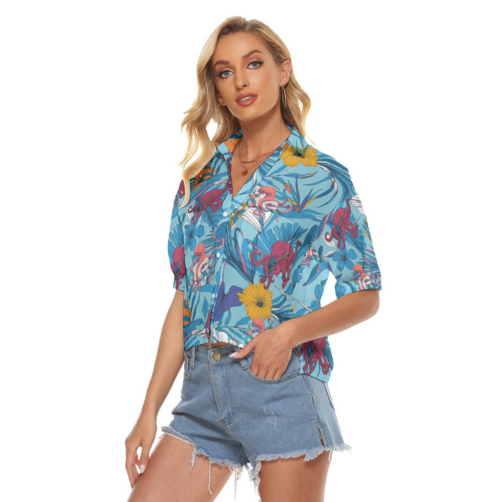 Tropical Octopus Guitar Blue Hawaiian Crop Top Shirt For Women