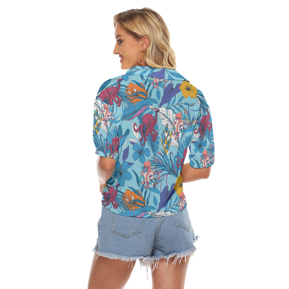 Tropical Octopus Guitar Blue Hawaiian Crop Top Shirt For Women