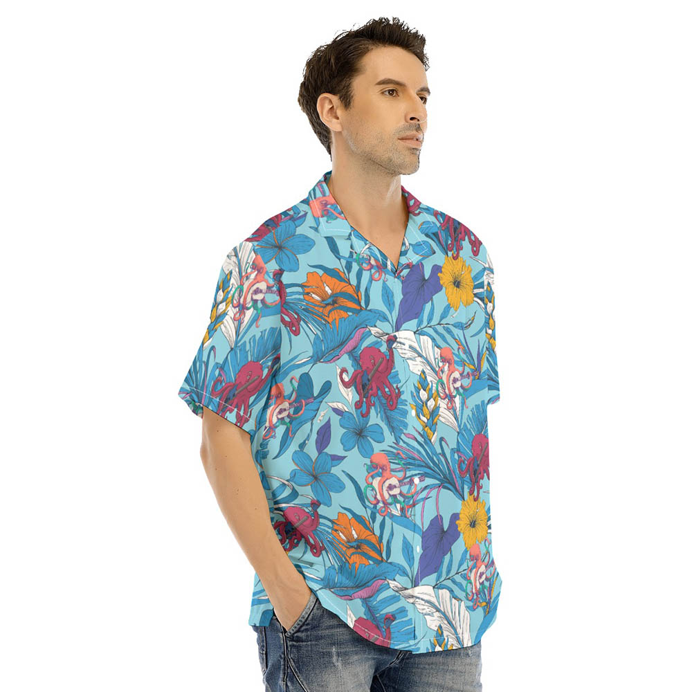 Octopus Guitar Floral Blue Hawaiian Shirt