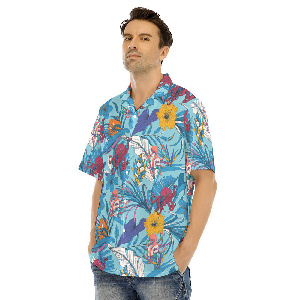 Octopus Guitar Floral Blue Hawaiian Shirt