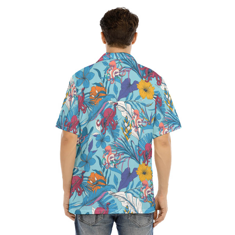 Octopus Guitar Floral Blue Hawaiian Shirt