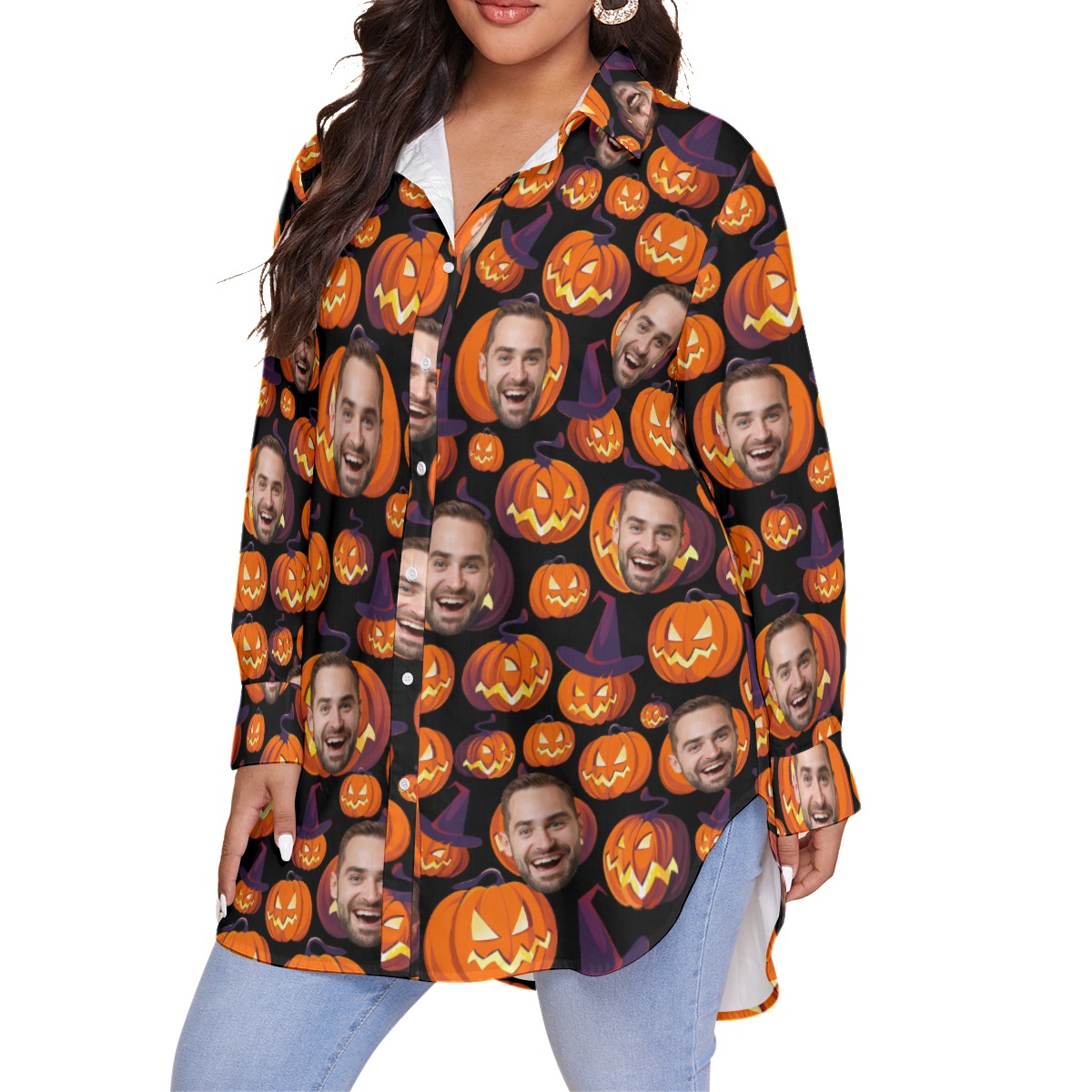 Halloween Scary Pumpkin Custom Face Hawaiian Plus Size Shirt For Women