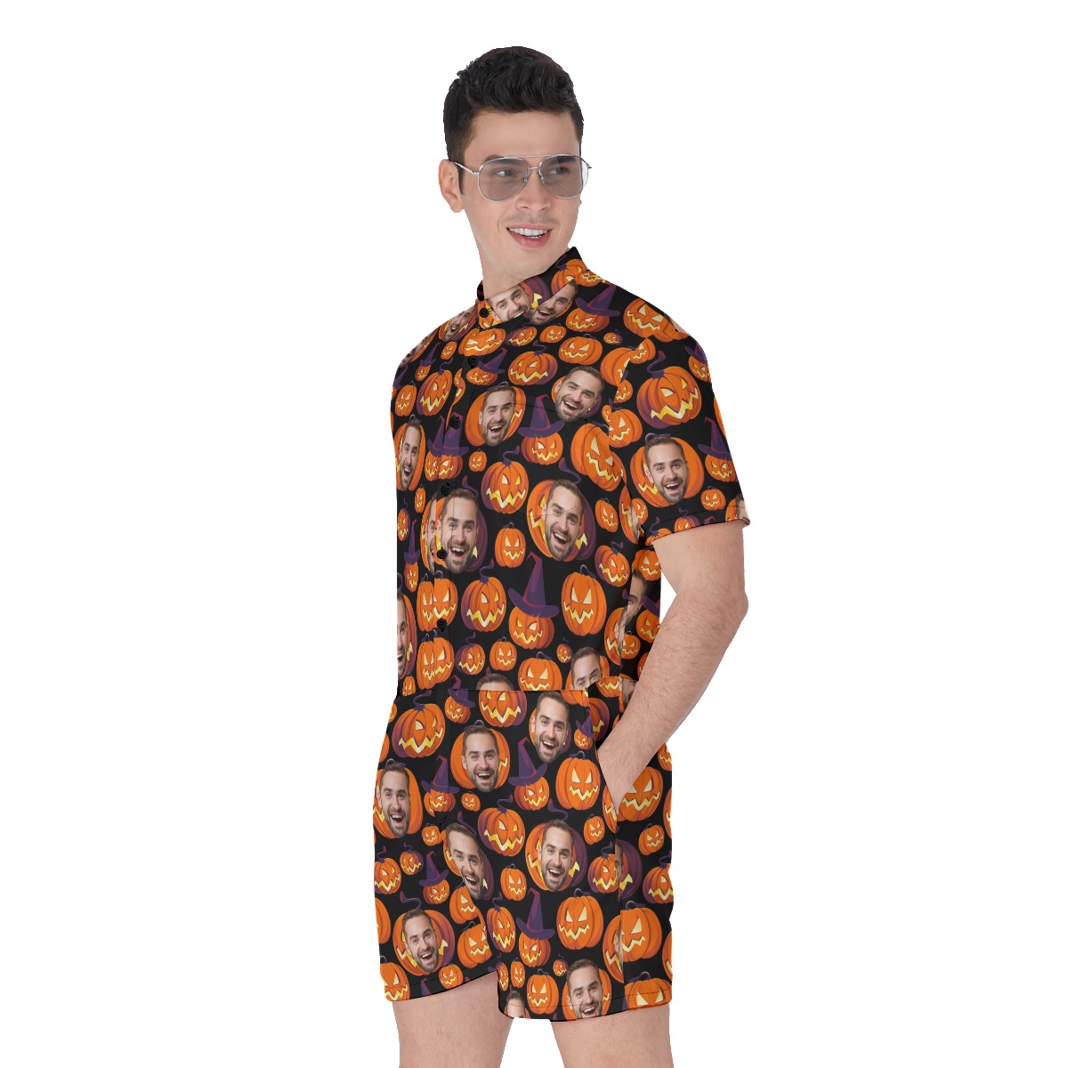 Halloween Pumpkin Custom Face Hawaiian Romper For Men