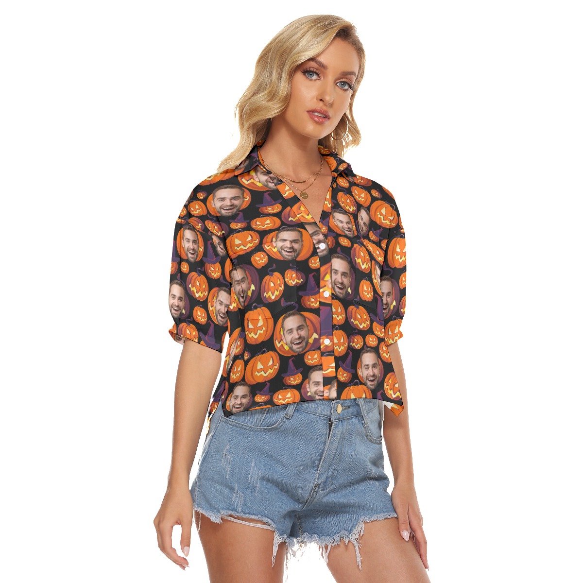 Funny Custom Face Halloween Pumpkin Hawaiian Cropped Shirt For Women
