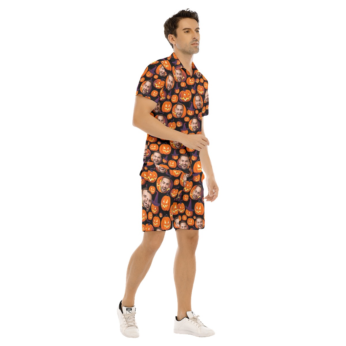 Custom Face Halloween Scary Pumpkin Hawaiian Shirt And Shorts For Men